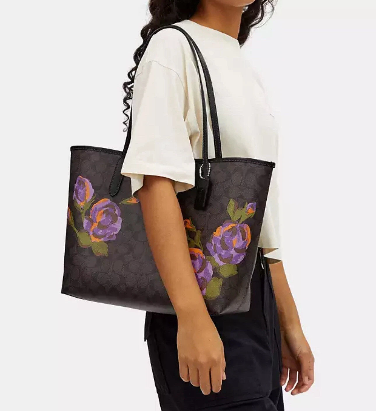Borsa Coach City nuova con etichetta in pelle firmata con stampa rosa CL420 marrone viola iris