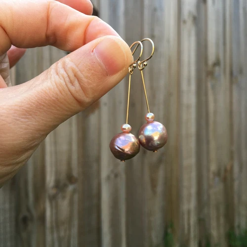 E210 Baroque 11-12mm pearl Natural amazing Gold-Purple 14KGF earring AAAALUSTER  - Picture 8 of 12