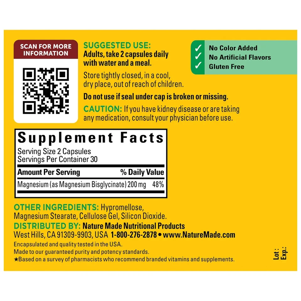 Glicinato de Magnesio de Alta Absorción 60 Cápsulas 200 mg Nervio Muscular Salud Cardíaca Foto 2 de 4