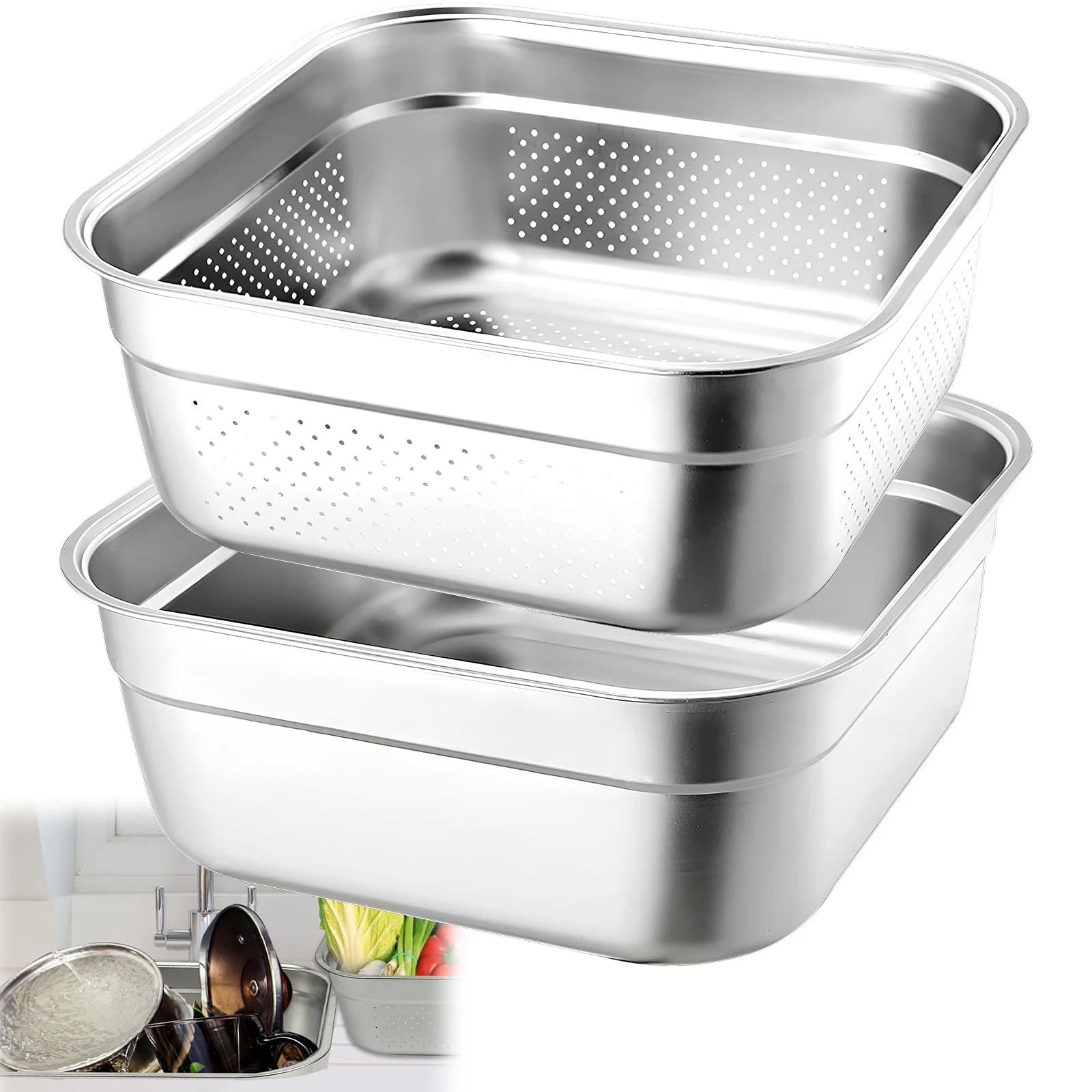 2in1 Stainless Steel Washing Up Bowl Set Colander 12.8 In Square Dish Tub