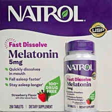 Natrol Melatonin 5 Mg Fast Dissolve 250 Strawberry Flavor Tablets ~ Exp 08/2027