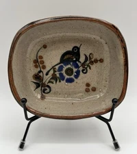Tonala Mexican Pottery Small Rectangle Side Dish w Bird 5.5” x 4.75” Signed