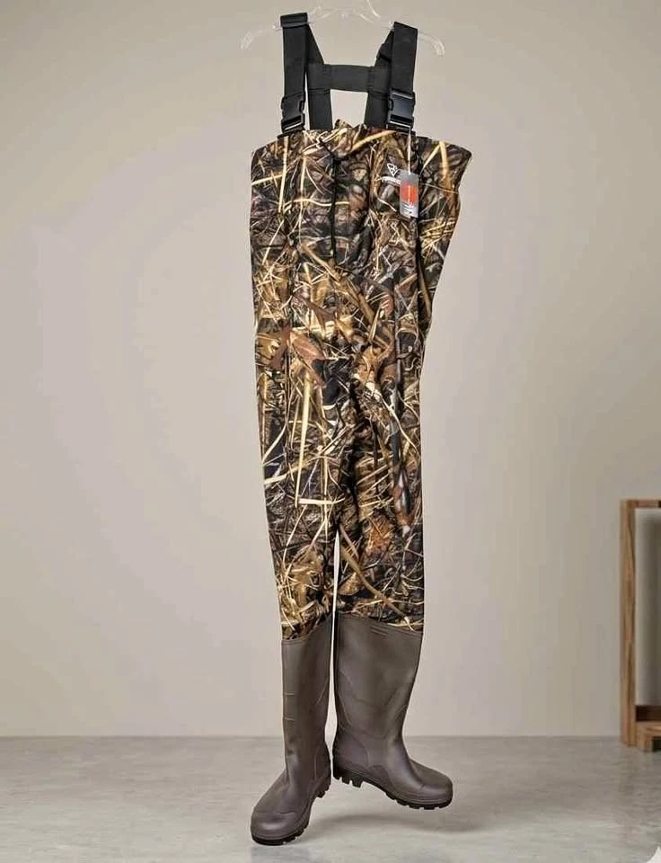 NEW w/ Tags – FishingSir Camo Chest Waders w/ Rubber Boots – Size EU 40 / US 7