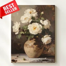 Canvas Wall Art Rose White Roses Rustic Timeless Still Life Classical Clay Vase
