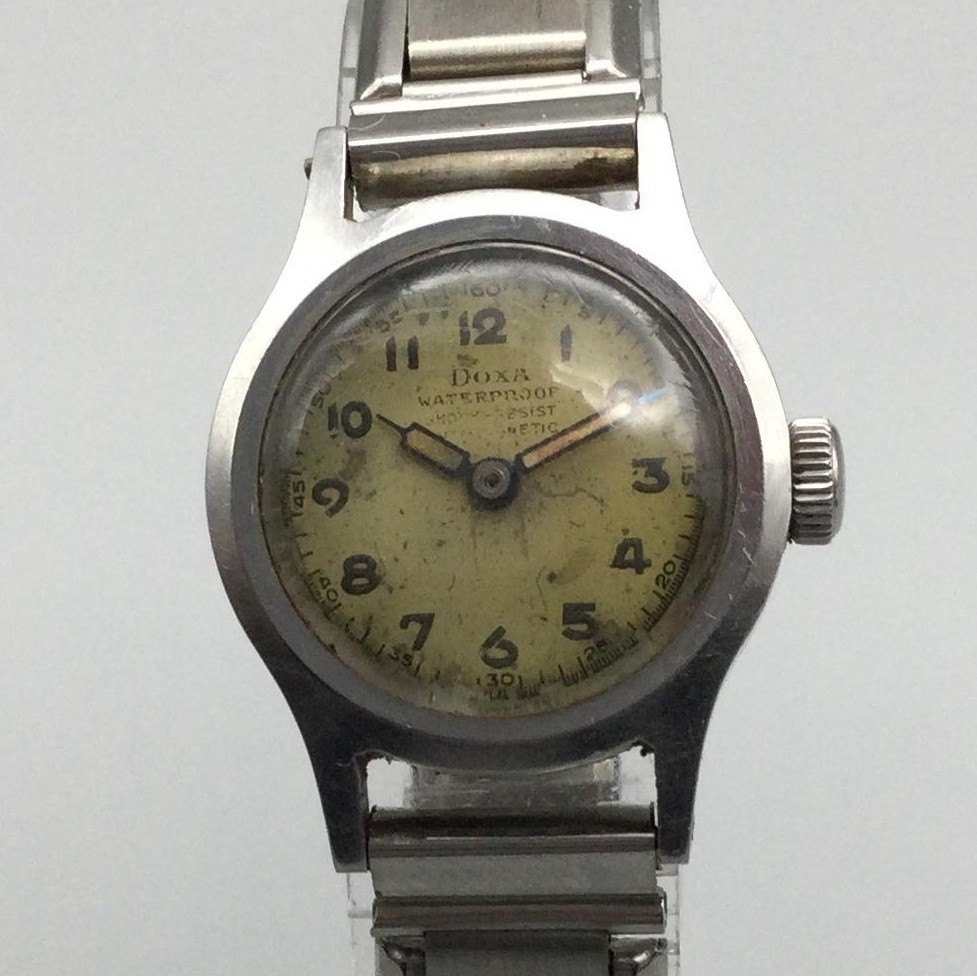Vintage 1940s Doxa Military Watch 24mm Silver Tone Steel Bracelet