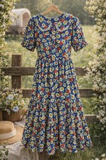 Vintage Influence Floral Midi Dress Womens Size 10 Blue Cottagecore Prairie Lace