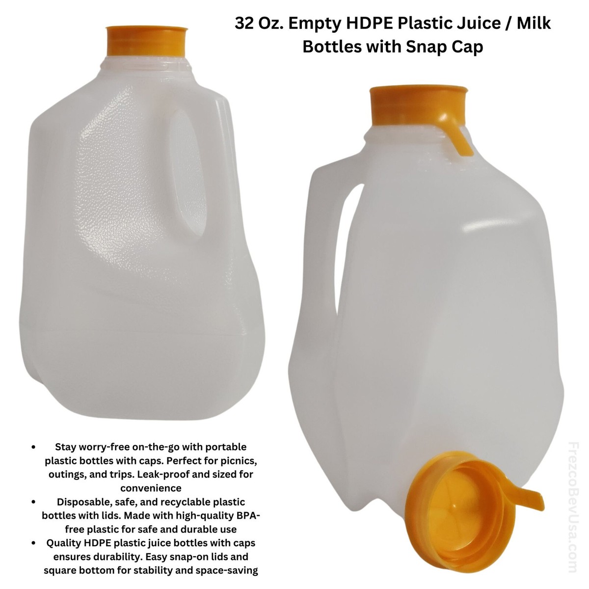 6 Pack x 32 Oz Ea) Mini Milk Jugs Plastic With Orange Snap On Lid