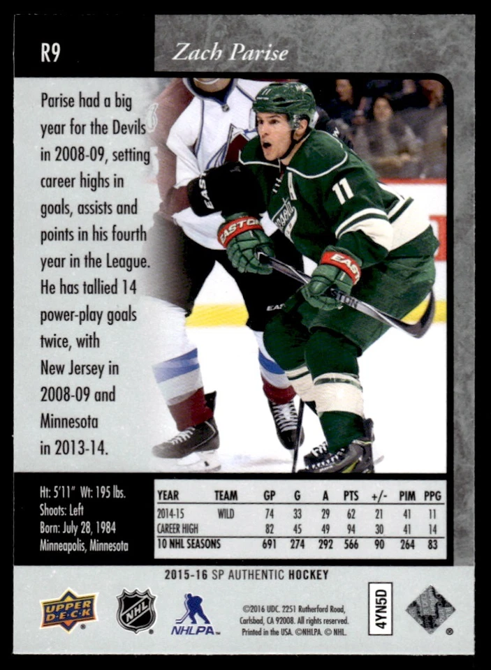 2015-16 SP Authentic 1995-96 Retro Zach Parise Minnesota Wild #R9 - Image 2 of 2