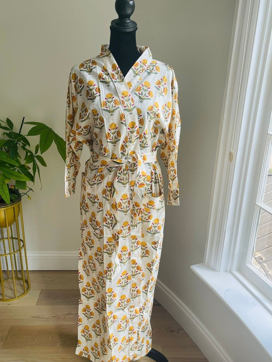 floral dressing gown cotton Women Kimono, Long Cotton Robe Floral Dressing Gown Boho Loungewear with Pockets, One Size Breathable Lightweight Fabric Beach Resort Outfit