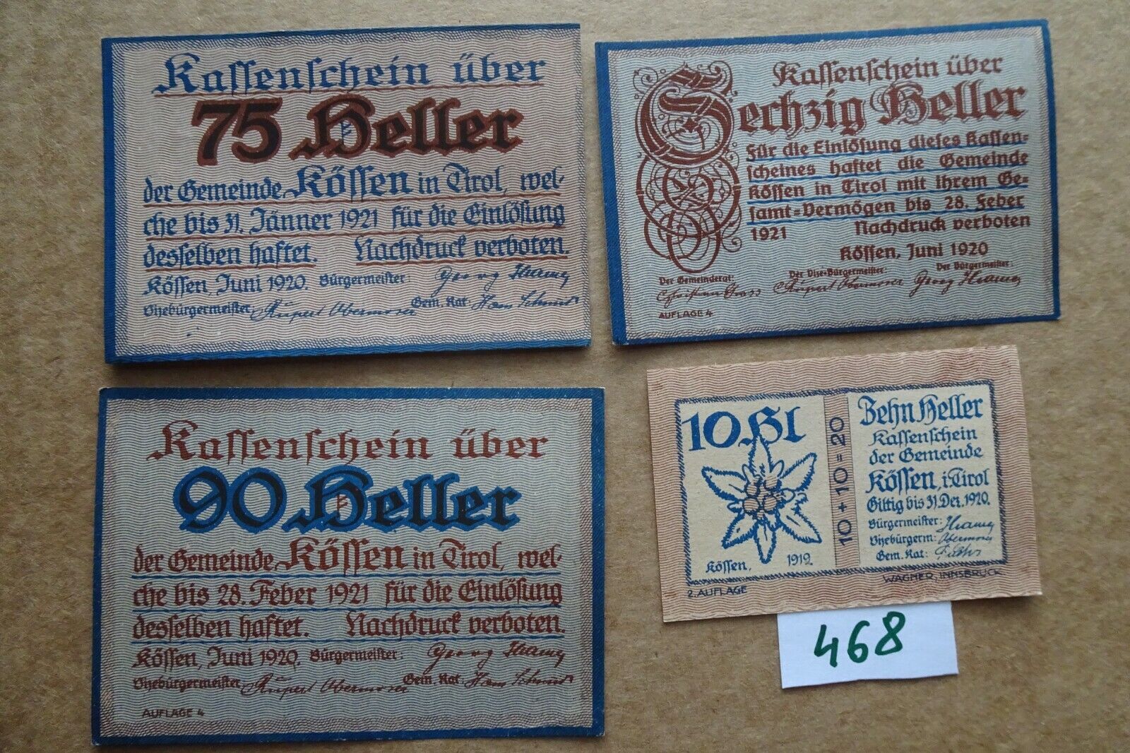 NOTGELD  1920 - AUSTRIA  -  10, 60, 75, 90  Heller  - KOSSEN -
