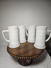Vintage Milk Glass Steins Beer Mugs Pub Tavern Scene Set of 4
