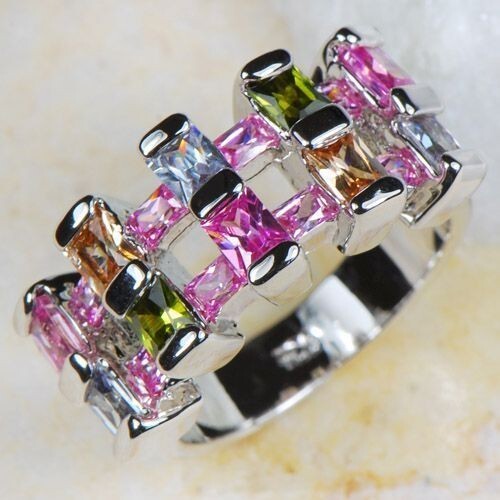 Bague En Argent Avec Pierres Multicolores : Rubis, Morganite, Péridot - Neuf Sans Emballage