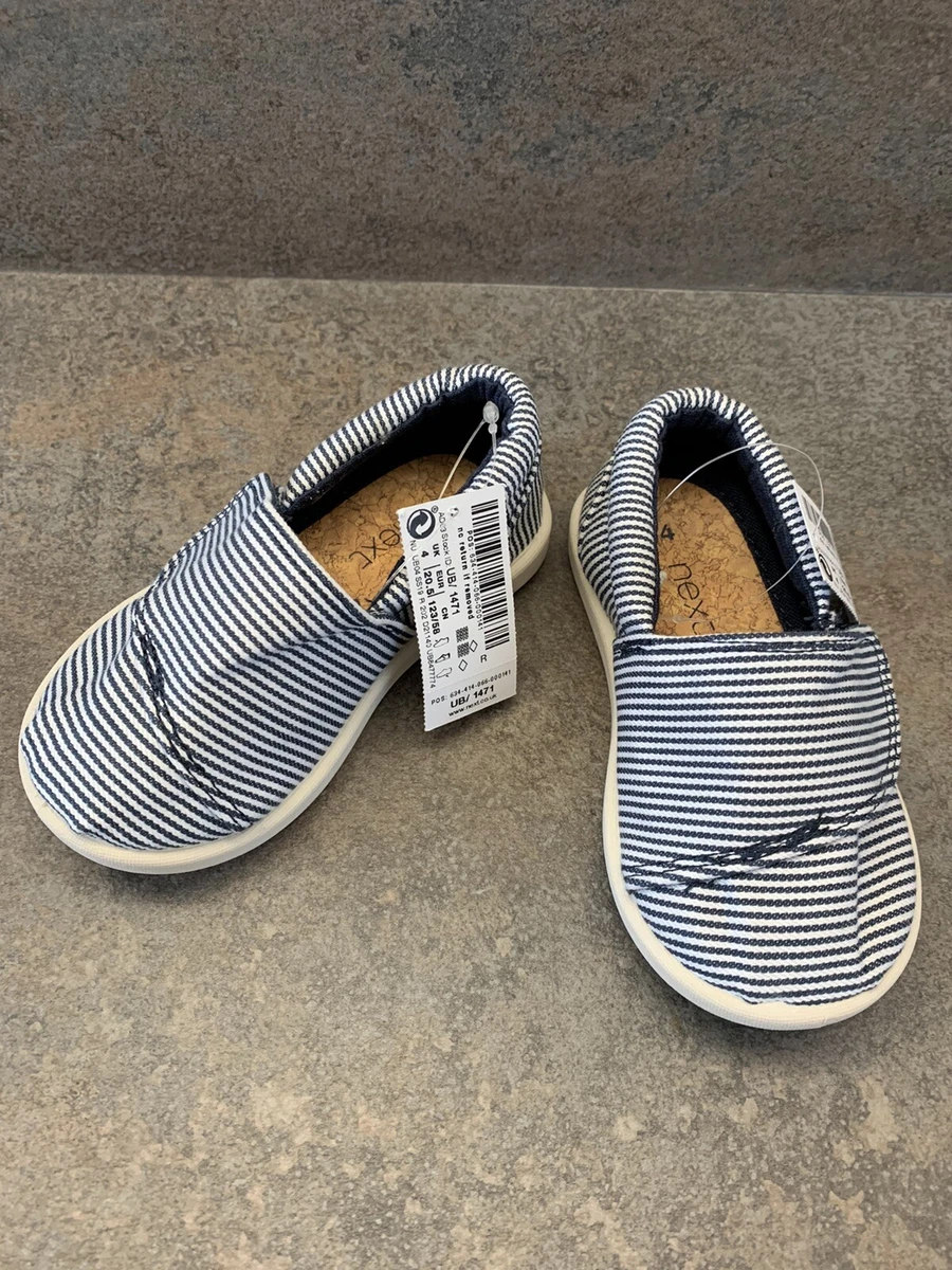 Next Boys Toddler Pumps Blue White Stripe Riptape Toms Shoes UK Size 5