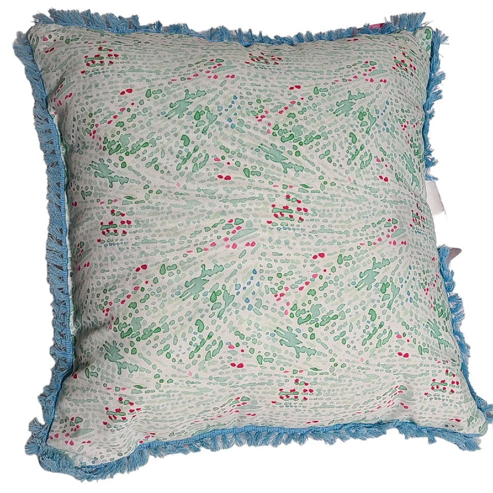 Lilly Pulitzer 18x18 Pillow Indoor Outdoor Ocean Coral Blue Fringe Pink Blue - Image 2 of 4