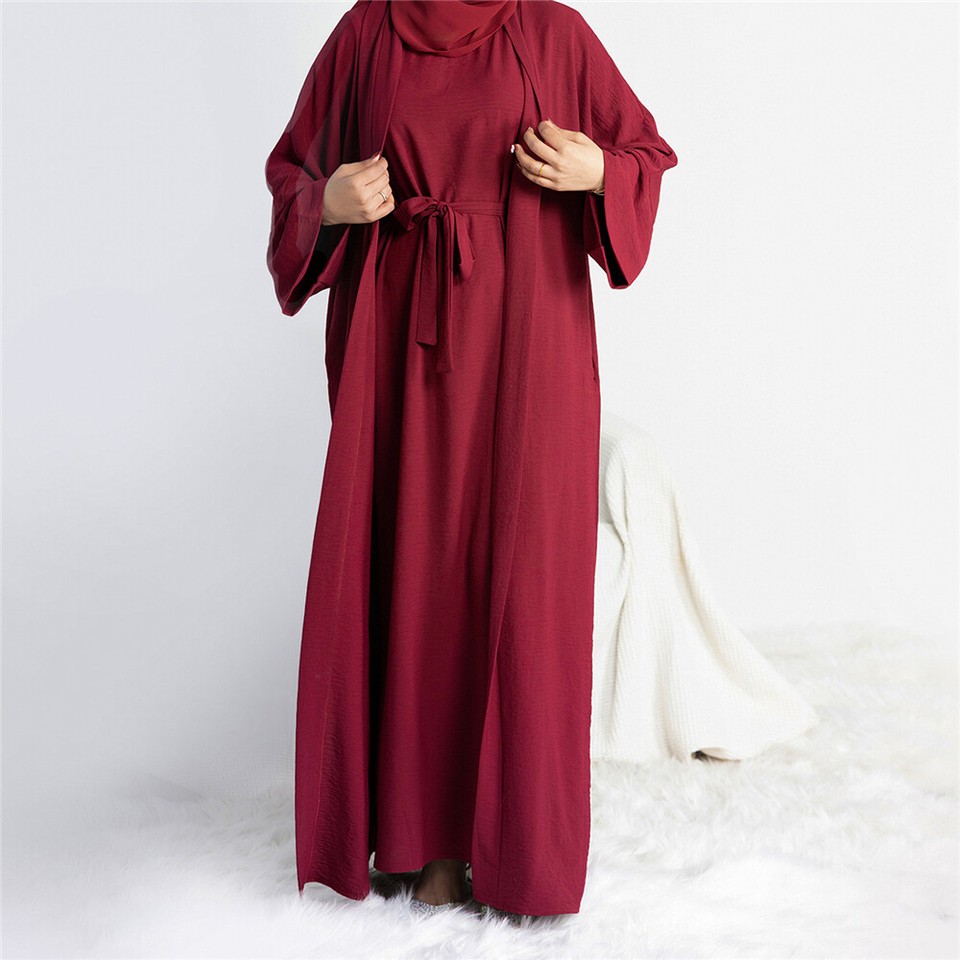 2 Piece Women Muslim Open Abaya Inner Dress Set Dubai Kimono Kaftan ...