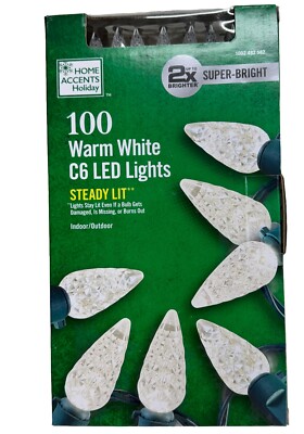 Home Accents 100 Warm White C6 Lights LED Steady Lit faceted Super Bright NEW