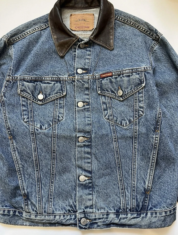 Chevignon Vintage 90s Denim Jacket Leather Collar Mens Large - Image 2 of 4
