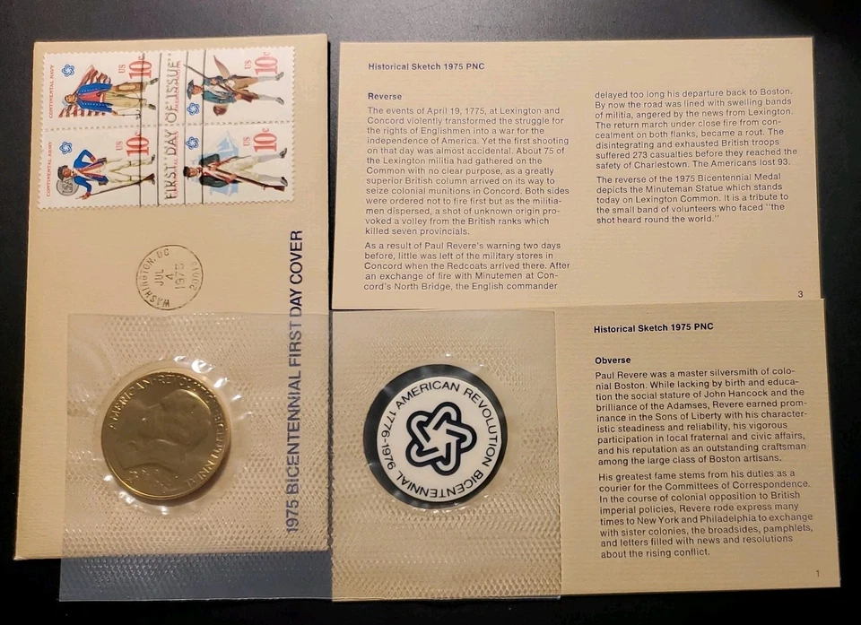 1975 Bicentennial First Day Cover Stamps & Medal - Paul Revere Lexington Concord - Image 2 of 2