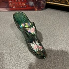 Fenton Iridescent Blue Glass Hobnail Cat's Head Shoe hand painted Flowers Signed