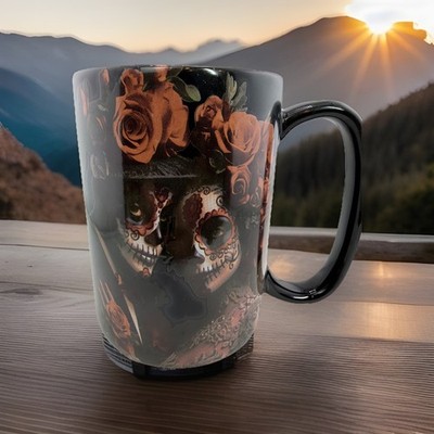 Gothic  Sugar Skull Coffee Mug Black Ceramic 16oz MINT