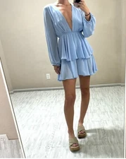 Lioness Mini Dress Womens Large Blue Deep V Neck Long Sleeve Ruffle Mini Chiffon