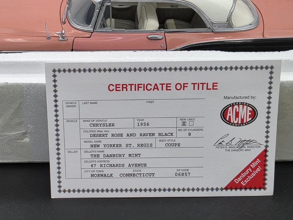 Danbury Mint 1956 Chrysler New Yorker St. Regis Hardtop 1:18 By Acme Diecast Car - Image 3 of 4
