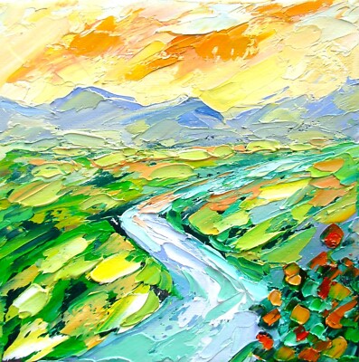 Landschaft Riva Berg Original Ölgemälde Impasto Wandbild Leinwand 6x6 cm