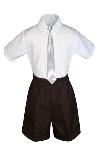 3pc Set Boy Baby Toddler Formal Party DARK BROWN Shorts Choose a Color Long Tie - Picture 13 of 26