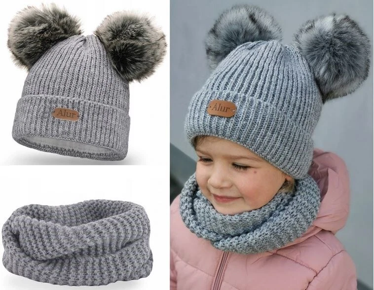 Children Winter Knit Hats Girls Beanie Hat Kids Cap Scarf Set Warm Neck Grey