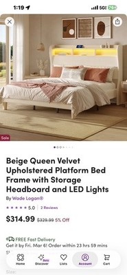 Wade Logan Beige Velvet Platform Bed King/Queen Storage Headboard LED USB