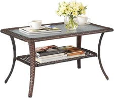 Outdoor Patio Table, VINGLI Wicker Tempered with Table Coffee Gla Storage Coffee