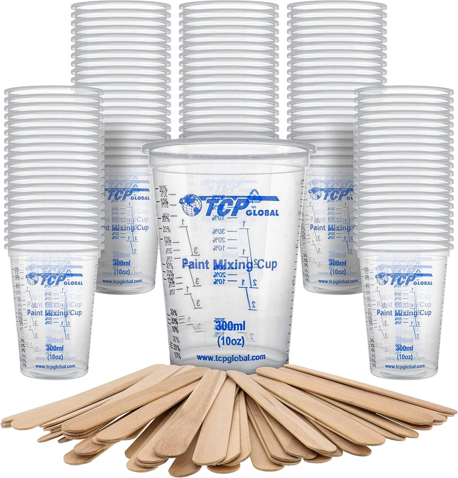 10 oz. (300 ml) Vasos mezcladores de plástico graduado - Caja de 100 con 50 Stic mezclador... Foto 3 de 4