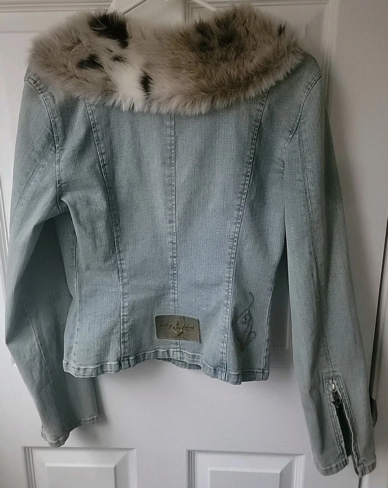 *Raro* Chaqueta vaquera vintage elástica para mujer bebé PHAT piel sintética lavado claro talla S Foto 2 de 4
