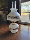 Vintage Currier & Ives Milk Glass Farm Oil Lamp W/wick Holder, Shade And Chimney