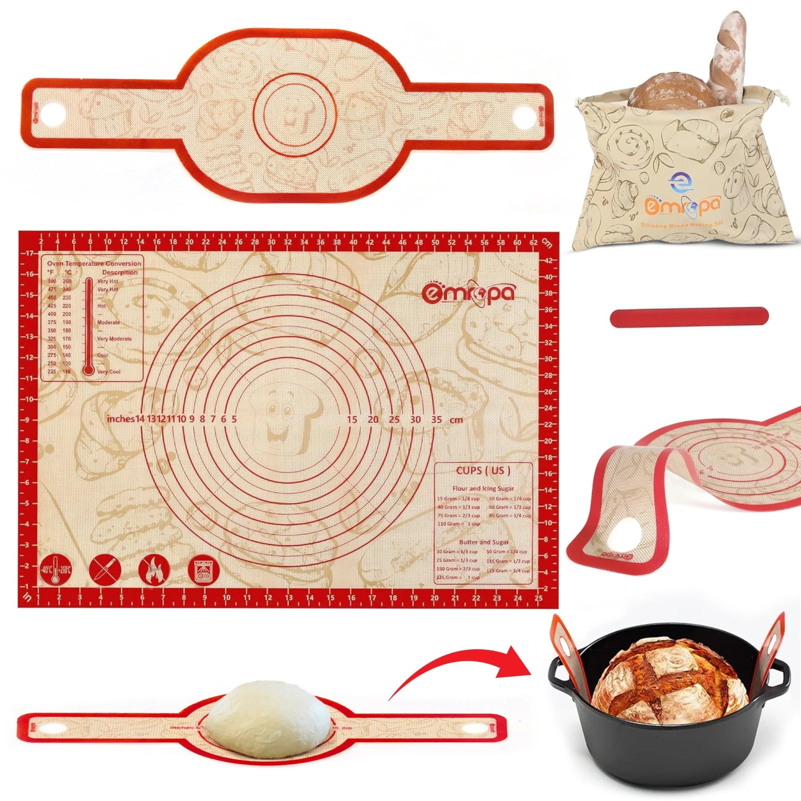3 PCS Silicone Bread Sling & Silicone Baking Mat, Non-Stick Reusable Bread Ma...