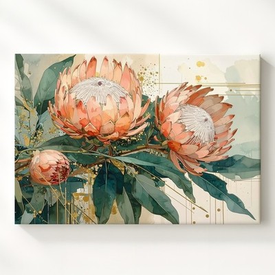 Golden Protea Bloom Canvas Contemporary Watercolor Botanical Wall Art Some