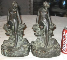 ANTIQUE KBW KATHODIAN BRONZE WORKS NUDE LADY POND FROG ART STATUE BOOK BOOKENDS 
