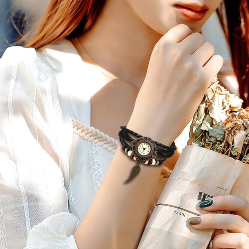 Women Girls Boho Tribal Multilayer Wing Charm Leather Band Quartz Bracelet Watch - Picture 6 of 14