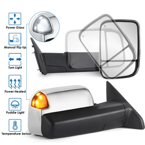 Chrome Tow Mirrors w/ TEMP Sensor White Running Light For 2009-2018 Ram 1500