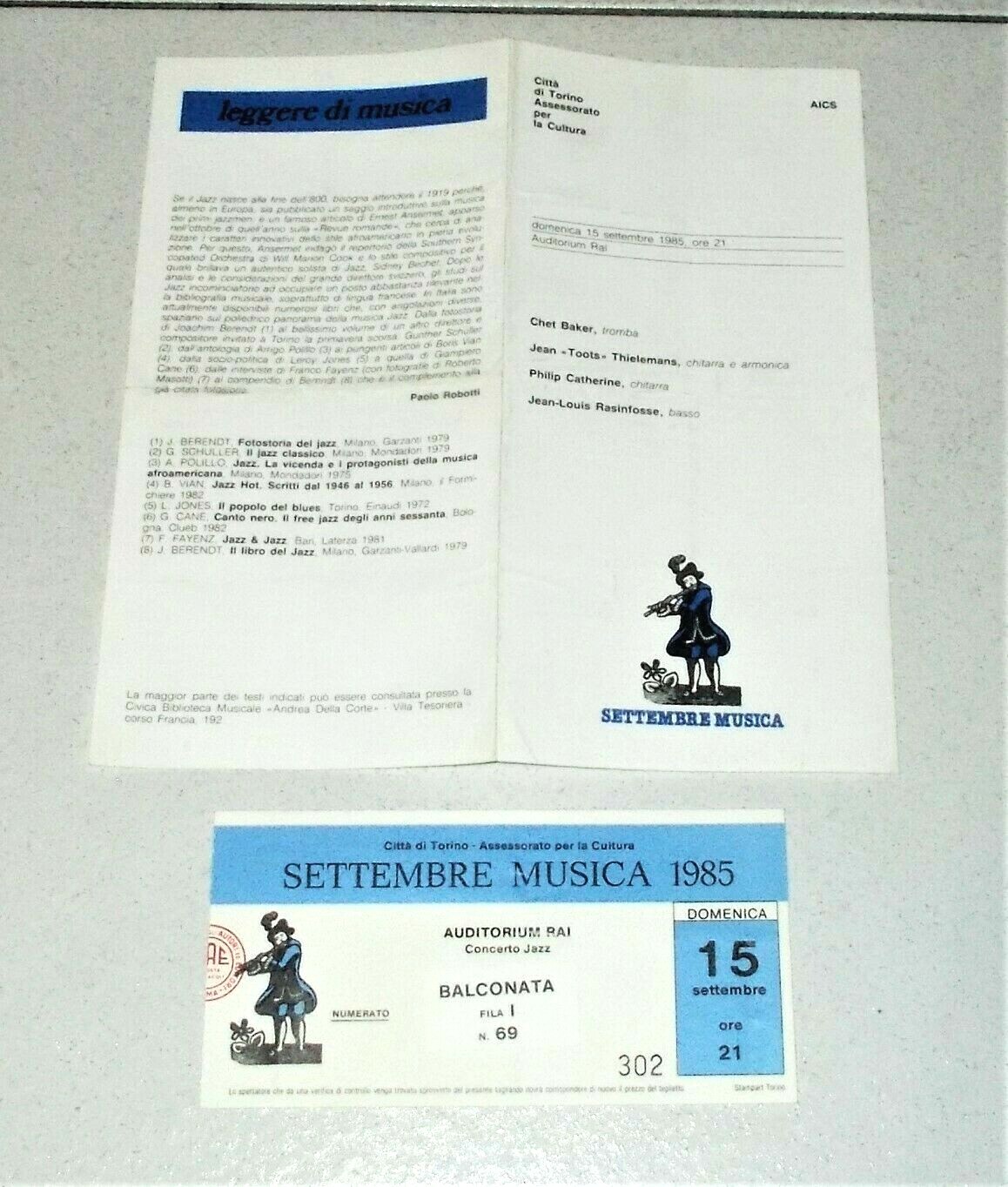 Brochure + Ticket Concerto CHET BAKER JEAN TOOTS THIELEMANS 1985 Torino Italy