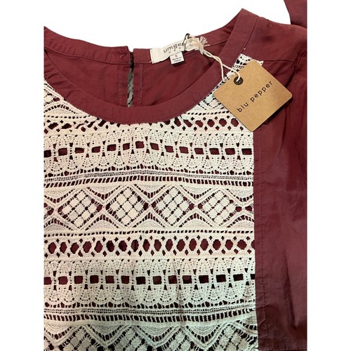 Umgee Dark Rust/Brown 3/4 Sleeve Top with Ivory Lace and Pom Poms Size Small - Picture 5 of 8