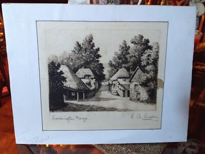 Antike authentische Original Radierung signiert von RA Riseley Cockington Forge Torquay