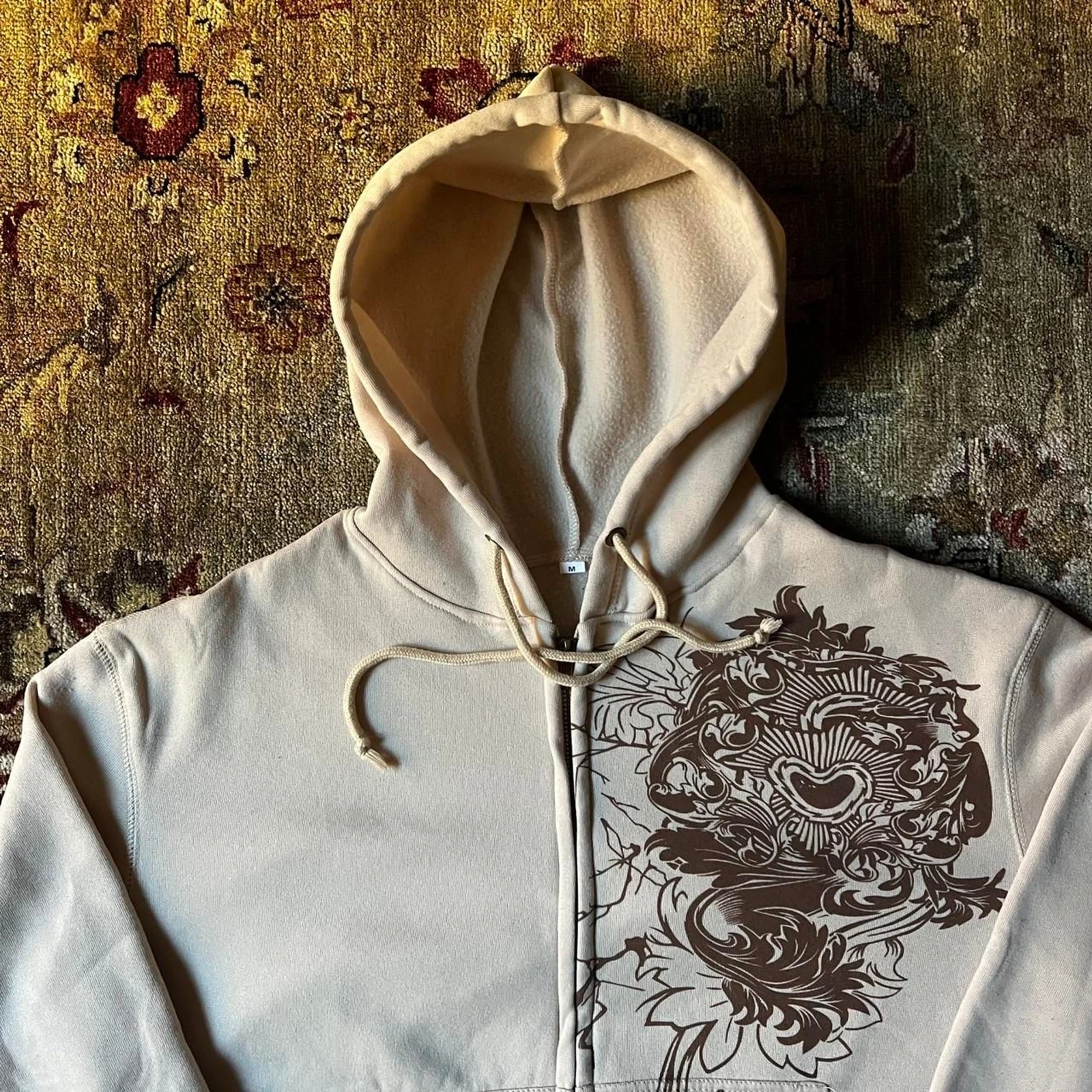 OFF WHITE Felpa con cappuccio zip intera vintage Y2K senza marchio donna panna e marrone cuore floreale taglia M