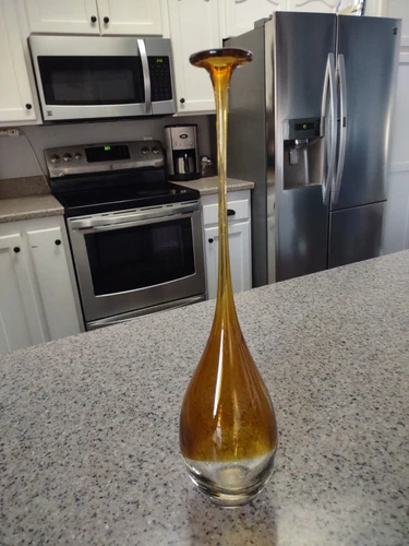 Vintage Veneto Murano Blown Art Glass Vase Clear Yellow Long Thin Neck Beauty