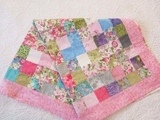 Pretty Homemade Patchwork Throw Quilt Wall Hanging Pink Green Blossoms Flowers 3