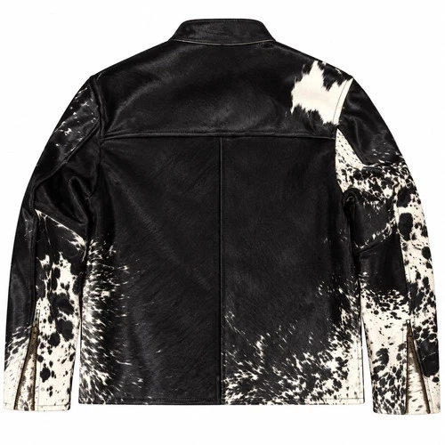 Men's Genuine Hair-On Cowhide Leather Jacket Black White Natural Western Biker image 3