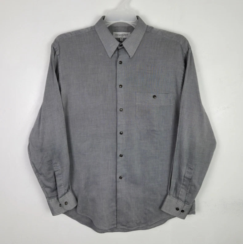 SAINT LAURENT (YSL) Camicia vintage Yves Saint Laurent con bottoni uomo grande 16 34 35 grigia manica lunga