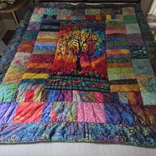 Handmade Batik Patchwork Throw Quilt Tree of Life Center Panel Colorful Art