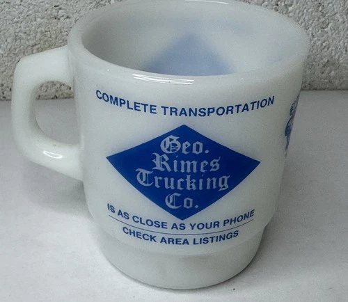 Vintage Fire King Anchor Hocking Geo Rimes Trucking Co. Advertising Milk Glass
