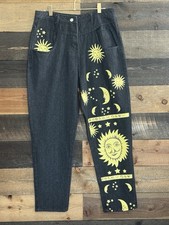 NEW Black Graphic Sun Graphic Print Painted Denim Straight Jeans Free Boho 32